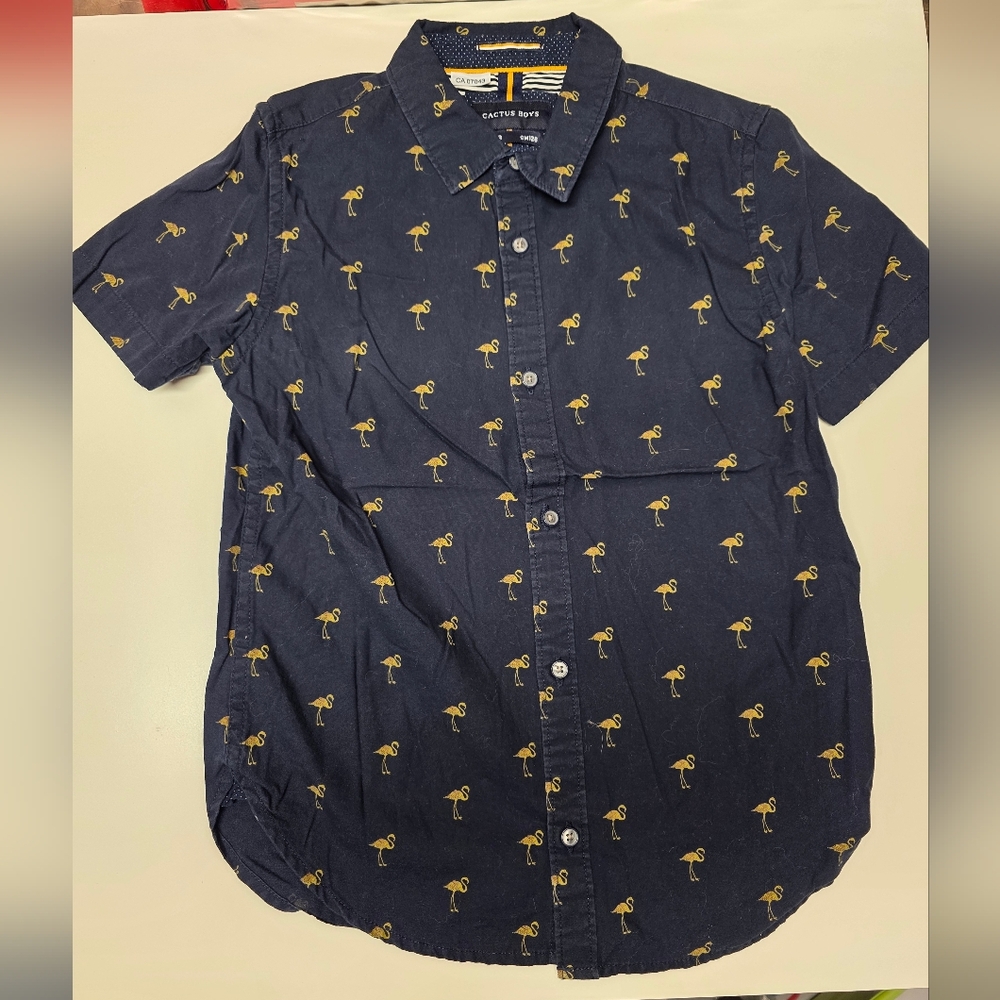 Cactus Boys Cotton Button Down Shirt  Dark Blue with Flamingo Print Size 8